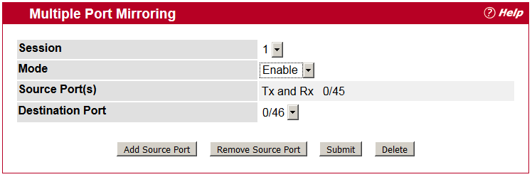 Setup destination port and activate the port mirroring
